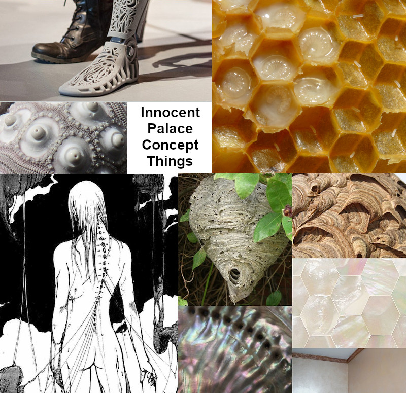 A composite image of honeycomb, wasp's nest, nacre, and body horror images labeled as Innocent Palace Concept Things.
